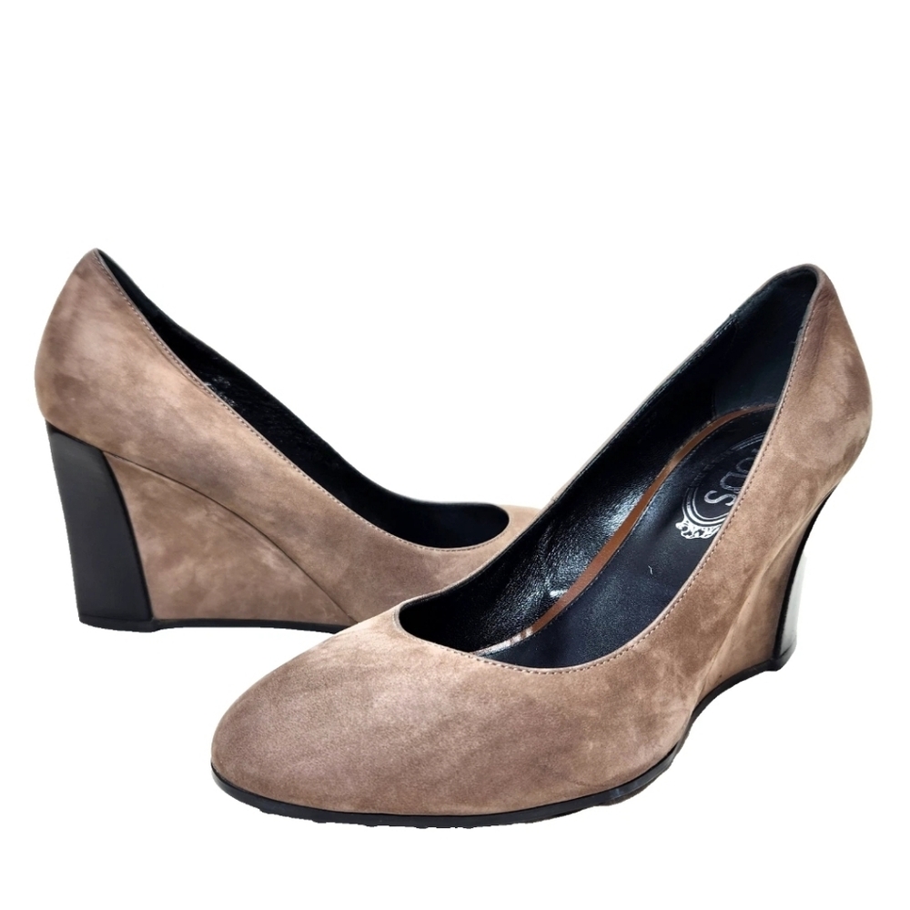 TOD'S Suede Wedge Pumps Sz 9 US/39 IT Taupe Brown Made In Italy